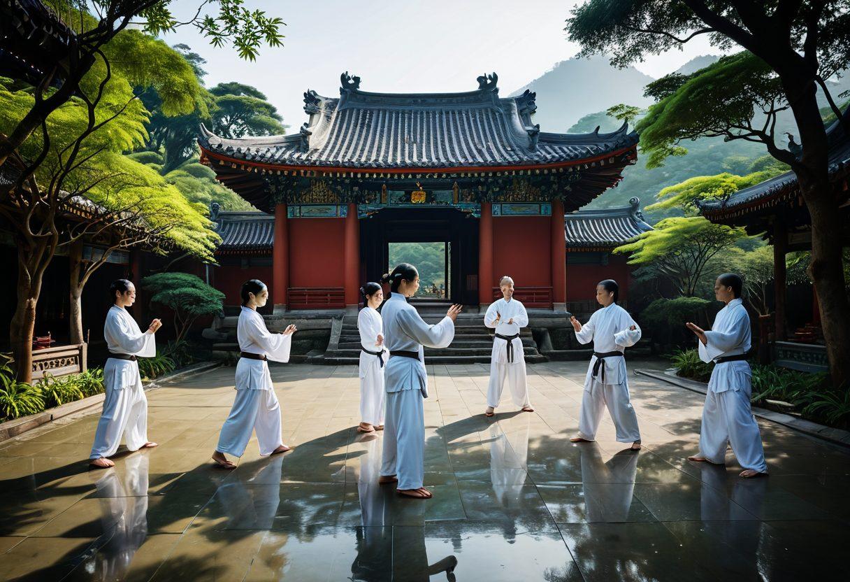 A serene scene depicting a group of diverse individuals practicing Tai Chi in a lush Taiwanese landscape, while digital storytelling elements, like holographic images and flowing animations, ebbing around them. An ancient temple in the background contrasts with modern digital devices, symbolizing the fusion of tradition and technology. Include vibrant colors to reflect energy and harmony. surrealism. vibrant colors.