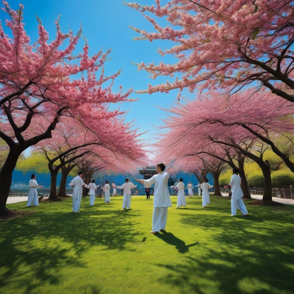 A serene scene depicting a diverse group of individuals practicing Tai Chi in a lush park, surrounded by vibrant cherry blossoms under a clear blue sky. In the background, streaming media visuals like digital screens showing Taiwanese culture and landscapes blend harmoniously with nature. The scene should evoke a sense of peace and cultural richness, emphasizing the connection between tradition and modernity. super-realistic. vibrant colors. 3D.