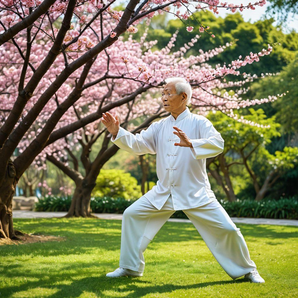 A serene scene depicting an elderly person practicing Tai Chi in a lush Taiwanese park, surrounded by vibrant cherry blossoms and digital screens showing various online entertainment platforms. The atmosphere merges traditional movement with modern media, hinting at a harmonious balance between nature and technology. Soft sunlight filters through the trees, creating a tranquil yet dynamic feeling. painting. vibrant colors. natural elements.